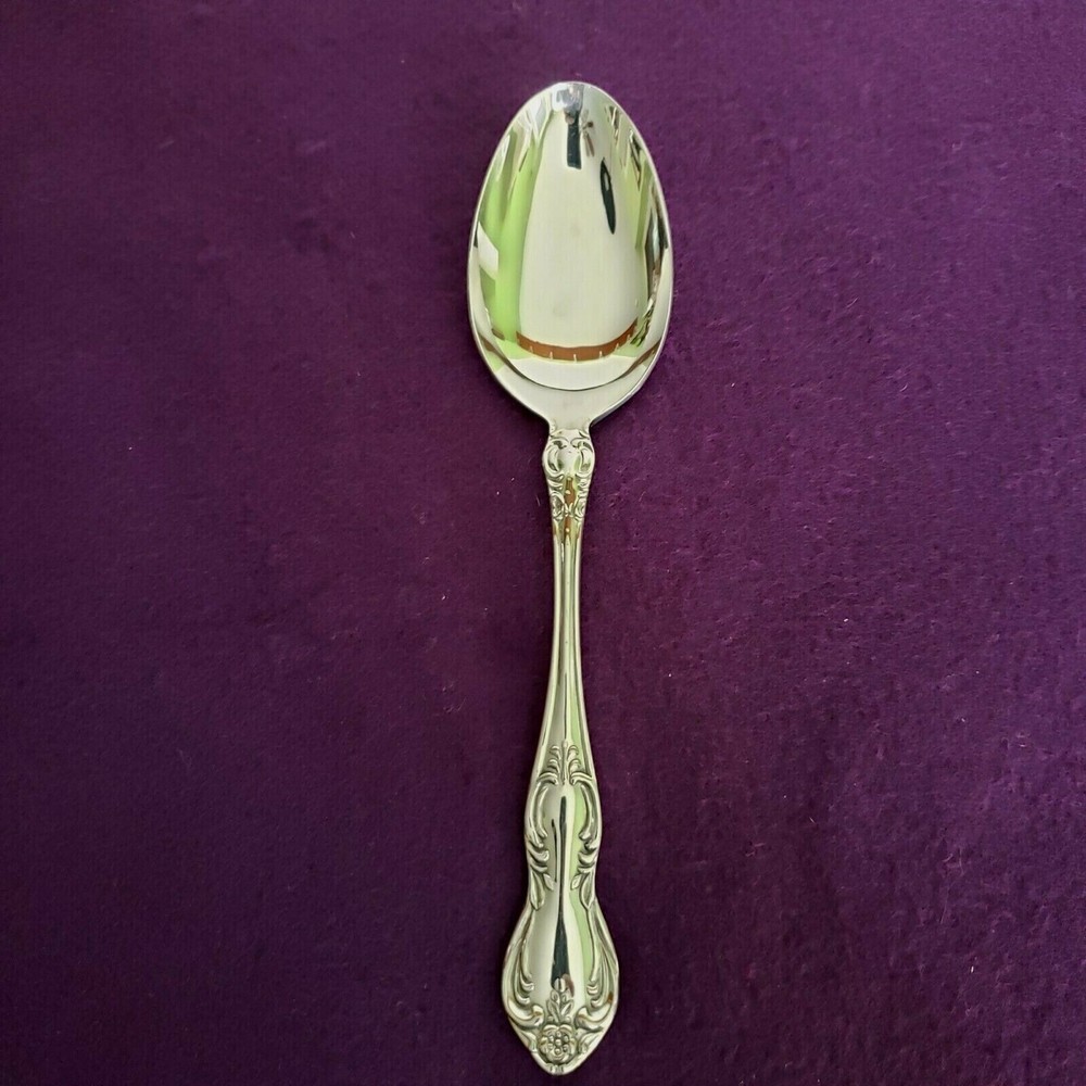 Easterling Valhalla Stainless Flatware Solid Serving Spoon Glossy Scrolls Floral